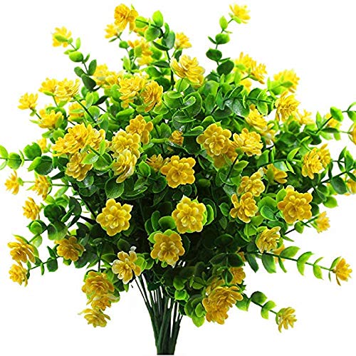 4 pcs Artificial Flowers, Fake Outdoor UV Resistant Plants Faux Plastic Greenery Shrubs Indoor Outside Hanging Planter Home Kitchen Office Wedding, Garden Decor (Yellow)