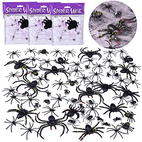 3 Pack Spider Web with 69 PCs Plastic Spiders, Super Stretchy Cobwebs for Halloween Party Decorations