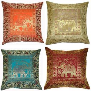ANJANIYA Set of 4 16x16 inch (40x40 cm) Elephant Banarsi Silk Indian Ethnic Bohemian Decorative Cushion Cover Handcrafted Patchwork Sari Throw Pillow Boho Decor Cushion Covers for Gift (Silk Elephant)