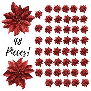 BANBERRY DESIGNS Artificial Poinsettia Flowers - Set of 48 - 3 ? Red Glittered Poinsettia Clip On Ornaments - Christmas Decorations - Decorative Floral Accessories
