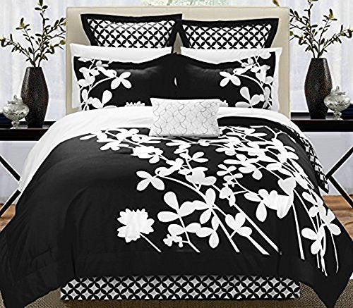Iris 11-Piece Comforter Set King Size, Black; Sheet Set, Bedskirt, Four Shams and Decorative Pillow Included