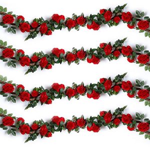 YILIYAJIA 4PCS(28.8 FT) Artificial Rose Vines Fake Silk Flowers Rose Garlands Hanging Rose Ivy Plants for Wedding Home Office Arch Arrangement Decoration (red)