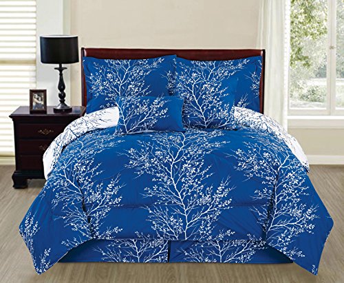 6 Piece Reversible Branches Comforter Set New Bedding (Queen, Royal Blue)