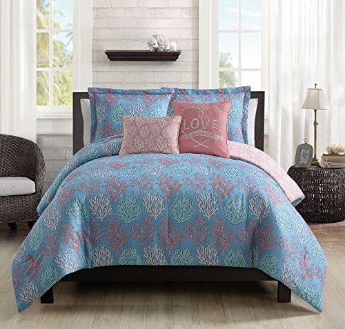 5 Piece Venice Beach Blue/Coral Comforter Set King