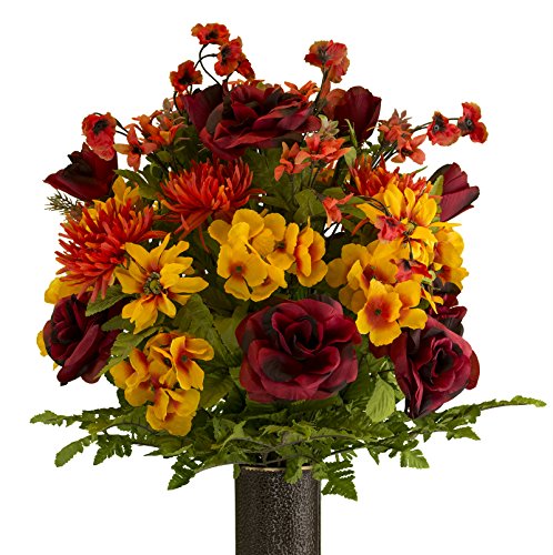 Burgundy Rose with Sunset Spider Mum Artificial Bouquet, featuring the Stay-In-The-Vase Design(c) Flower Holder (LG2084)
