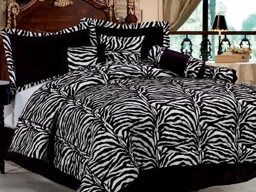 7 Piece Short Fur Safari Zebra Print Bed-In-A-Bag Black & White Comforter Set, Queen Size Bedding