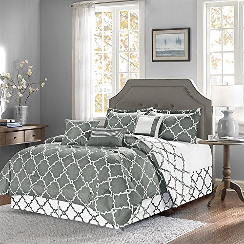 Oversized Reversible 11-Piece Geometric Comforter Set Modern Bedding - Overstock Sale (Gray, Queen)