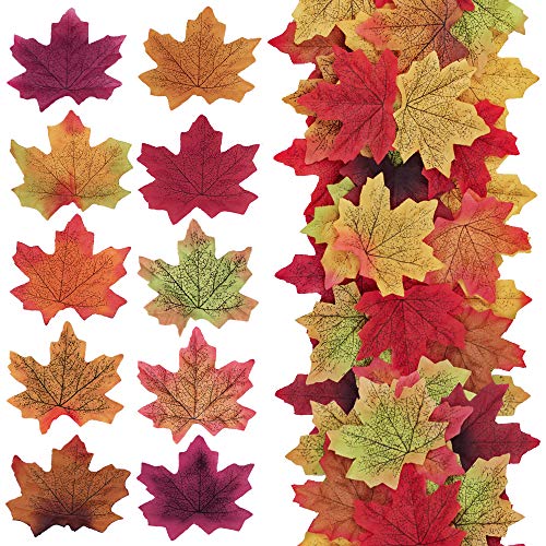 Supla 500 Pcs 10 Colors Assorted Fake Silk Autumn Maple Leaves Bulk Artificial Fall Leaf Foliage 3.15 L X 3.15 W for Thanksgiving Table Door Fall Wedding Party Birthday Baby Shower Decorations
