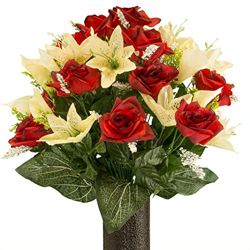 Red Rose and Cream Tiger Lily mix, Artificial Bouquet, featuring the Stay-In-The-Vase Design(c) Flower Holder (MD2070)
