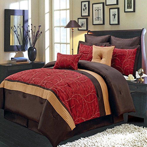Experience the euphoria of bold elegance in this 8pc California King Embroidered Atlantic comforter set; Red, Gold, and Brown colors accented by beautiful leafy embroidery over soft fabric
