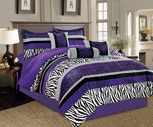 7 Pieces Purple Black White Grey Leopard Zebra Comforter (102x92) Bed-in-a-bag Set KING Size Bedding
