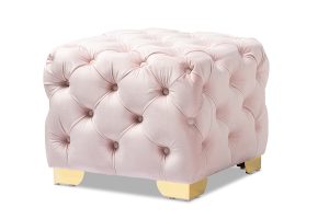 Baxton Studio Avara Glam And Luxe Light Pink Velvet Fabric Upholstered Gold Finished Button Tufted Ottoman