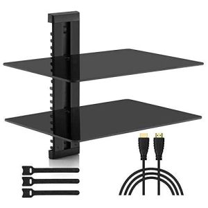PERLESMITH Floating AV Shelf Double Wall Mount Shelf - Holds up to 16.5lbs - DVD DVR Component Shelf with Strengthened Tempered Glass - Perfect for PS4, Xbox, TV Box and Cable Box