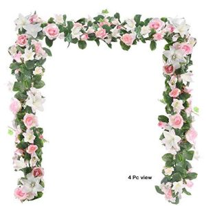 6 Feet Artificial Rose and Lily Garland, Artificial Silk Rose Lily Flower Ivy Vine Leaf Hanging Garland Wreath Garland for Home Wedding Wall Decor Lily (Pink)