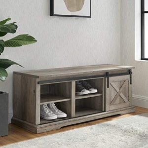 Walker Edison Furniture Company Sliding Barn Door Storage Entry Bench, 47 Inches Tall, Gray Wash