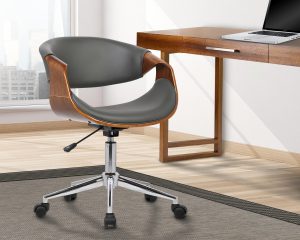 Armen Living Geneva Mid-Century Office Chair In Chrome Finish With Gray Faux Leather And Walnut Veneer Arms
