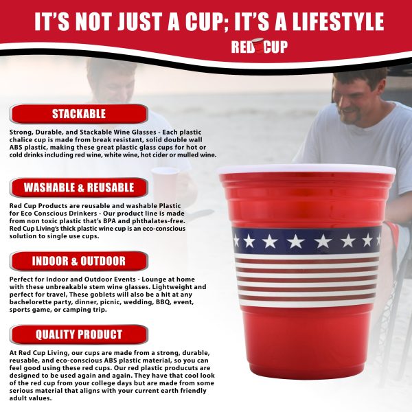 Reusable Plastic Red Party Cups - 18 Oz with US flag