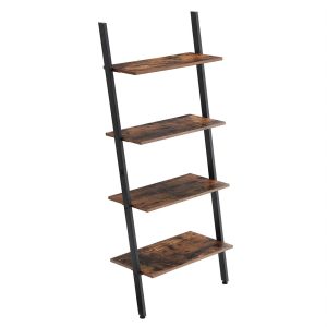 Rustic Ladder Style Iron Bookcase With Four Wooden Shelves, Brown And Black