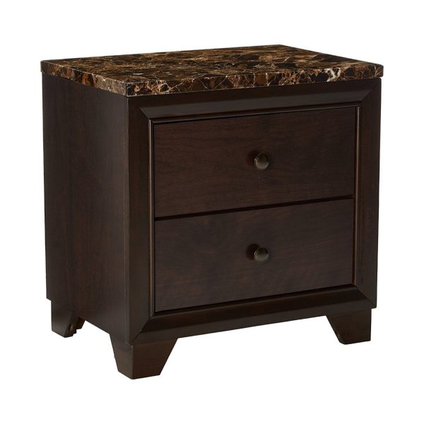 2 Drawer Wooden Nightstand With Faux Marble Top, Cappuccino Brown