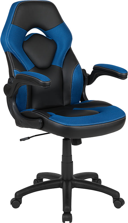 X10 Gaming Chair Racing Office Ergonomic Computer Pc Adjustable Swivel Chair With Flip-Up Arms, Blue/Black Leathersoft