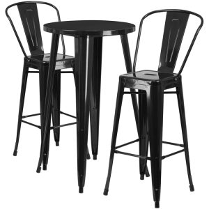 24'' Round Black Metal Indoor-Outdoor Bar Table Set With 2 Cafe Stools