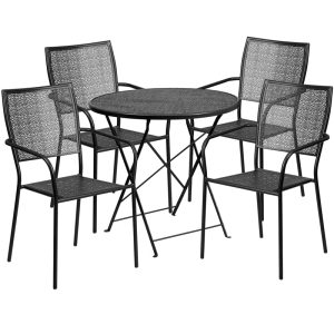 30'' Round Black Indoor-Outdoor Steel Folding Patio Table Set With 4 Square Back Chairs