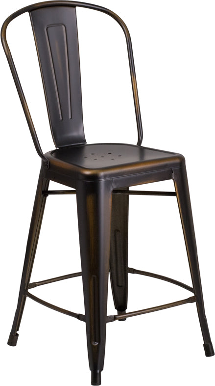 24'' High Distressed Copper Metal Indoor-Outdoor Counter Height Stool With Back