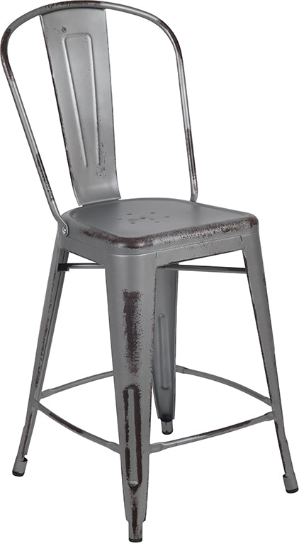 24 High Distressed Silver Gray Metal Indoor-Outdoor Counter Height Stool With Back