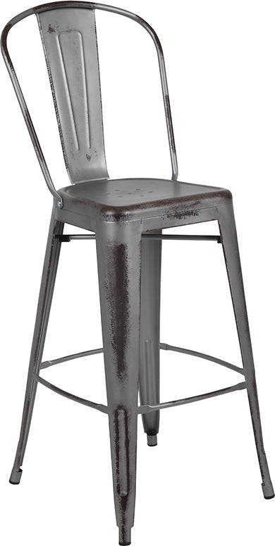 30 High Distressed Silver Gray Metal Indoor-Outdoor Barstool With Back