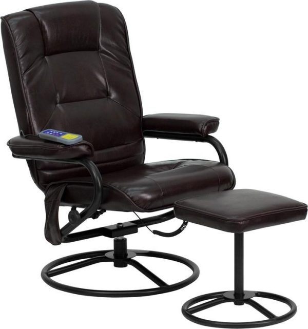 Massaging Brown Leather Recliner and Ottoman with Metal Bases - BT-703-MASS-BN-GG