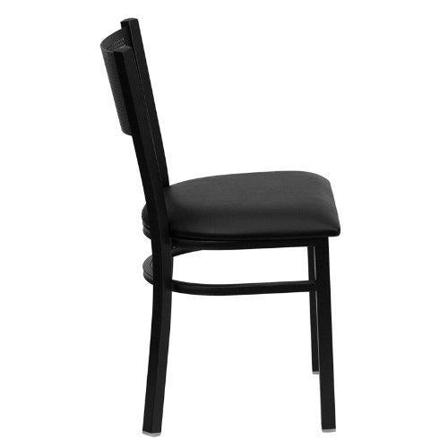 HERCULES Series Black Grid Back Metal Restaurant Chair - Black Vinyl Seat - XU-DG-60115-GRD-BLKV-GG