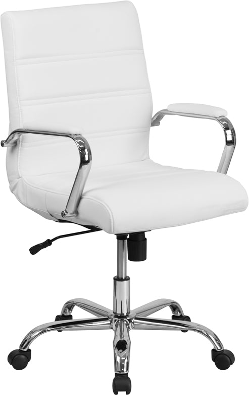 Mid-Back White Leathersoft Executive Swivel Office Chair With Chrome Base And Arms