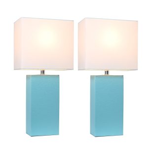 Elegant Designs 2 Pack Modern Leather Table Lamps with White Fabric Shades, Aqua