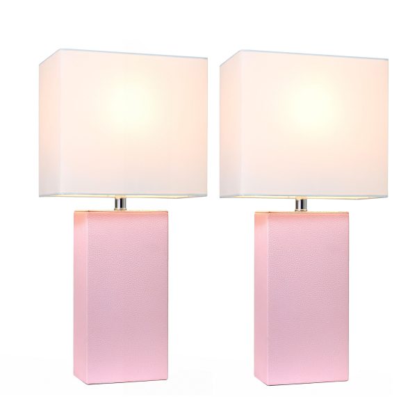 Elegant Designs 2 Pack Modern Leather Table Lamps with White Fabric Shades, Blush Pink