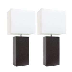 Elegant Designs 2 Pack Modern Leather Table Lamps with White Fabric Shades, Espresso Brown