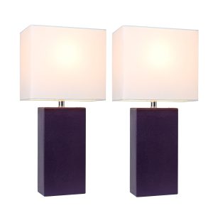 Elegant Designs 2 Pack Modern Leather Table Lamps with White Fabric Shades, Eggplant