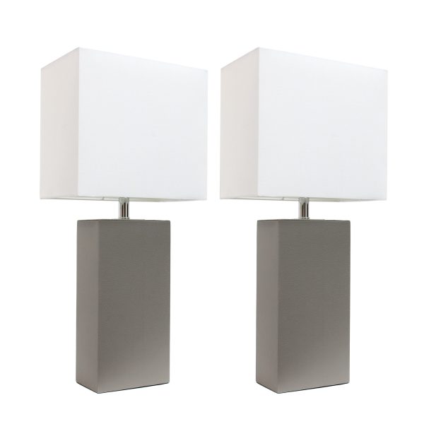 Elegant Designs 2 Pack Modern Leather Table Lamps with White Fabric Shades, Gray
