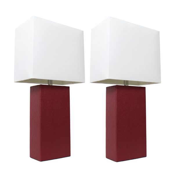 Elegant Designs 2 Pack Modern Leather Table Lamps with White Fabric Shades, Red
