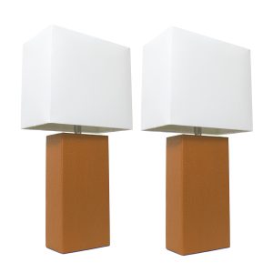 Elegant Designs 2 Pack Modern Leather Table Lamps with White Fabric Shades, Tan