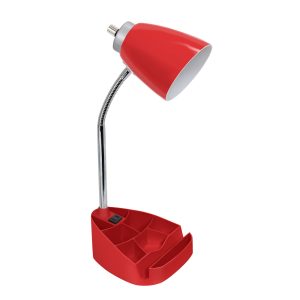 Limelights Gooseneck Organizer Desk Lamp with iPad Tablet Stand Book Holder and Charging Outlet, Red