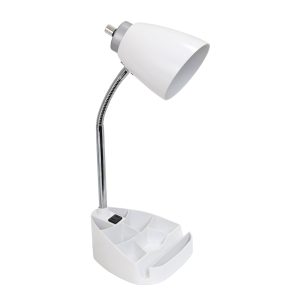 Limelights Gooseneck Organizer Desk Lamp with iPad Tablet Stand Book Holder and Charging Outlet, White