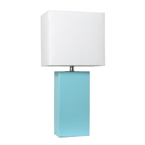 Elegant Designs Modern Leather Table Lamp with White Fabric Shade, Aqua