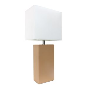 Elegant Designs Modern Leather Table Lamp with White Fabric Shade, Beige