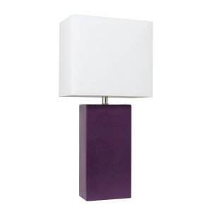 Elegant Designs Modern Leather Table Lamp with White Fabric Shade, Eggplant