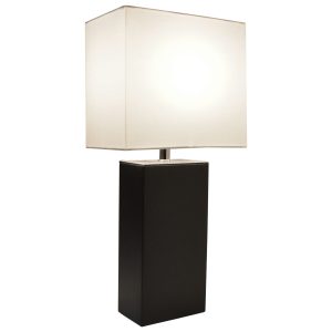 Elegant Designs Modern Leather Table Lamp with USB and White Fabric Shade, Black