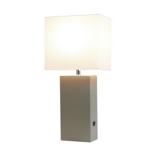 Elegant Designs Modern Leather Table Lamp with USB and White Fabric Shade, Gray