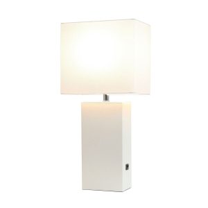 Elegant Designs Modern Leather Table Lamp with USB and White Fabric Shade, White