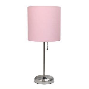 LimeLights Stick Lamp with Charging Outlet and Fabric Shade, Light Pink