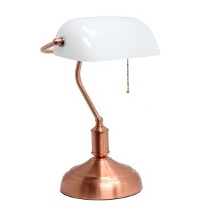 Simple Designs Executive Banker's Desk Lamp with White Glass Shade, Rose Gold