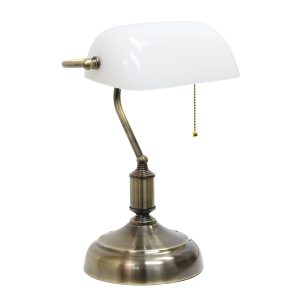Simple Designs Executive Banker's Desk Lamp with Glass Shade, White